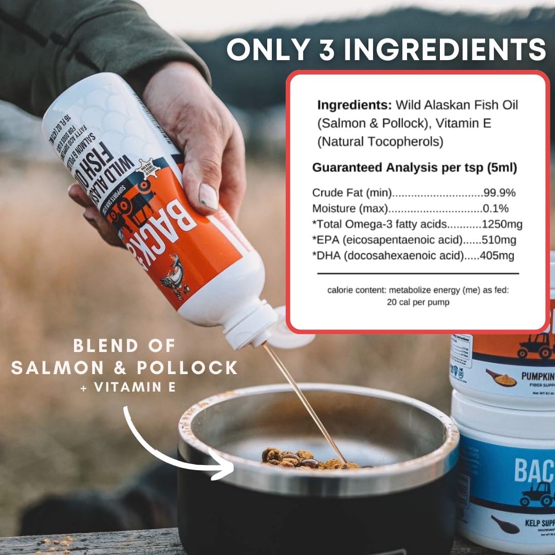 BACK 40 Dogs Wild Alaskan Fish Oil for Dogs, Skin and Coat Supplement for Dogs & Cats, Omega-3-Rich Salmon and Pollock Oil, EPA & DHA Dog Salmon Oil for Brain, Heart, and Joints 16 fl oz (473 ml)