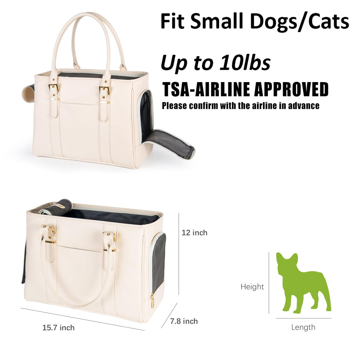 Fashion Pet Carrier Dog Purse Cat Bag Soft-Sided Carriers Travel Airline Approved, Stylish Leather Tote Handbag for Small Animal Puppy Kitten (White)