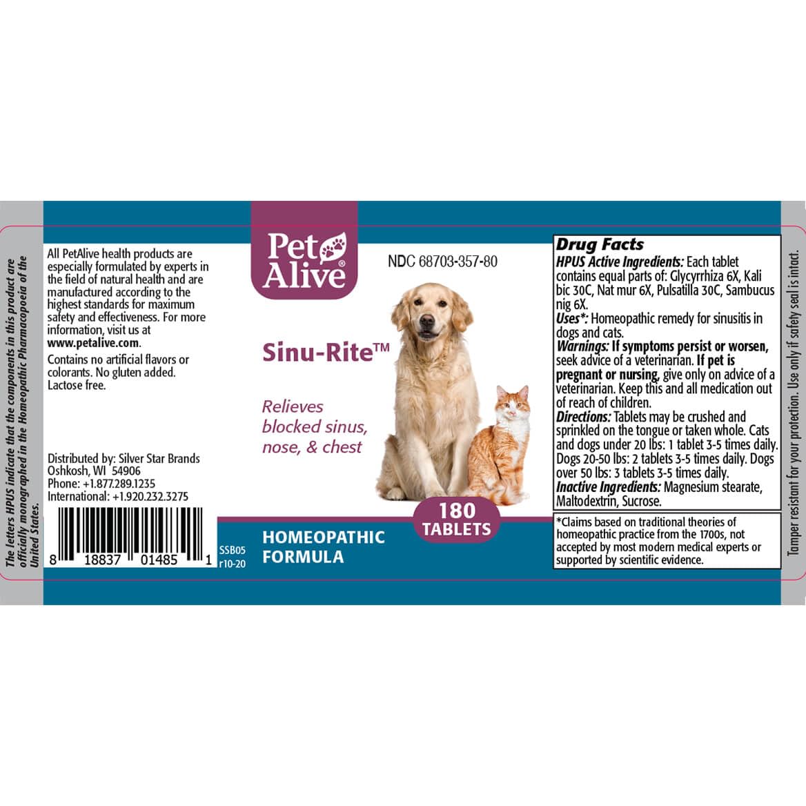 PetAlive Sinu-Rite Cat and Dog Nasal Congestion Relief - Homeopathic Tablets - Supports Temporary Relief from Sinus Congestion, Runny Nose, Facial Pressure - Dog and Cat Sneezing Treatment - 180 Count