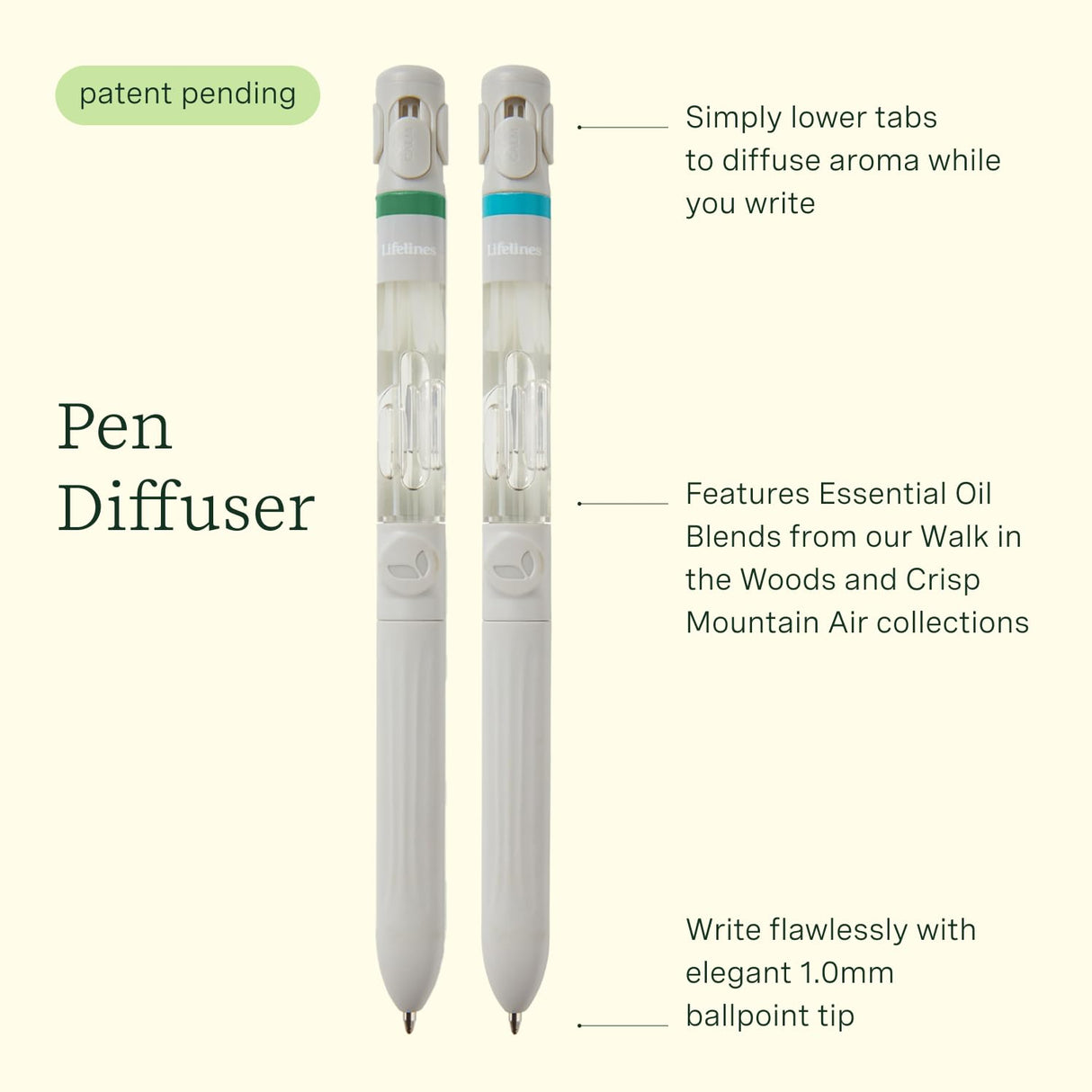 Lifelines 2 Pack Pen Diffuser in Crisp Mountain Air & Walk in The Woods Essential Oil Blends, Elegant 1.0mm Ballpoint Tip, Black Pen, Ink Refill Included