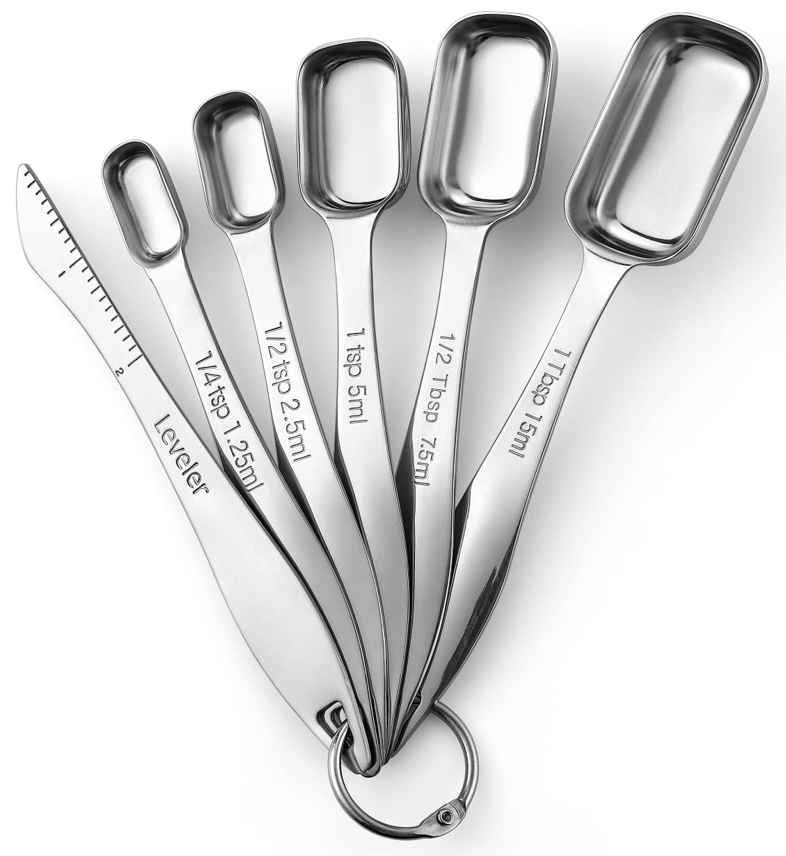Stainless Steel Measuring Spoons Set of 6 with Leveler, Rectangular Metal Teaspoon & Tablespoon Measuring Spoons for Dry & Liquid Ingredients - Nesting Kitchen Gadgets For Baking & Cooking