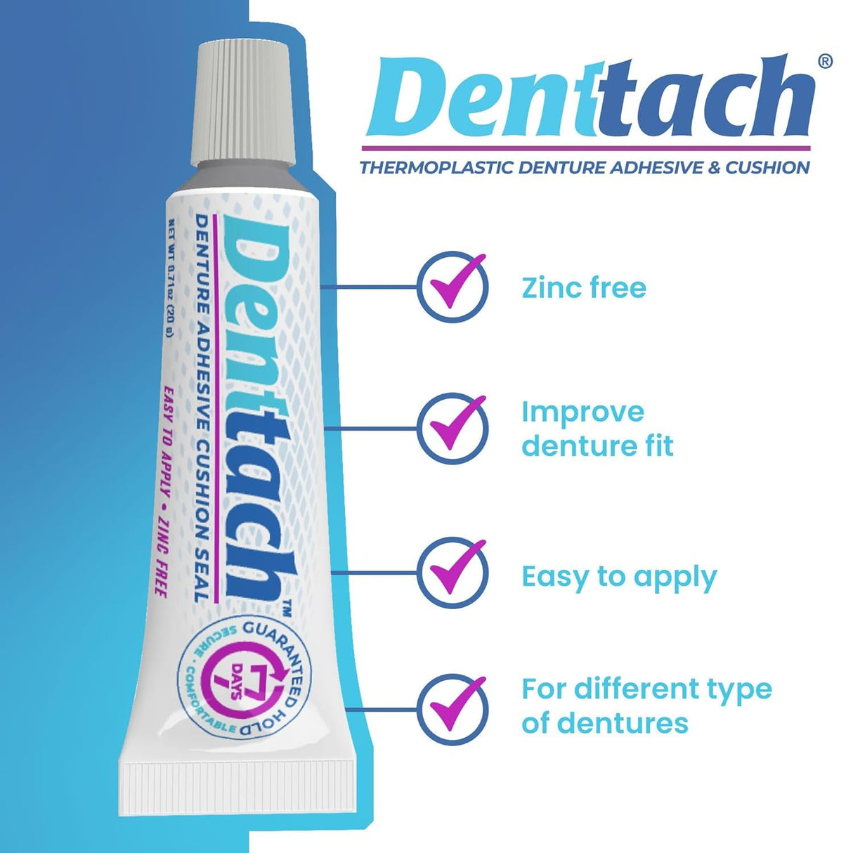 Denttach Denture Adhesive, Thermoplastic Denture Adhesive and Cushion, Comfortable Denture Fit for up to 7 Days, Zero Glue, Zinc Free, Longest Holding Denture Reliner (Pack of 3)