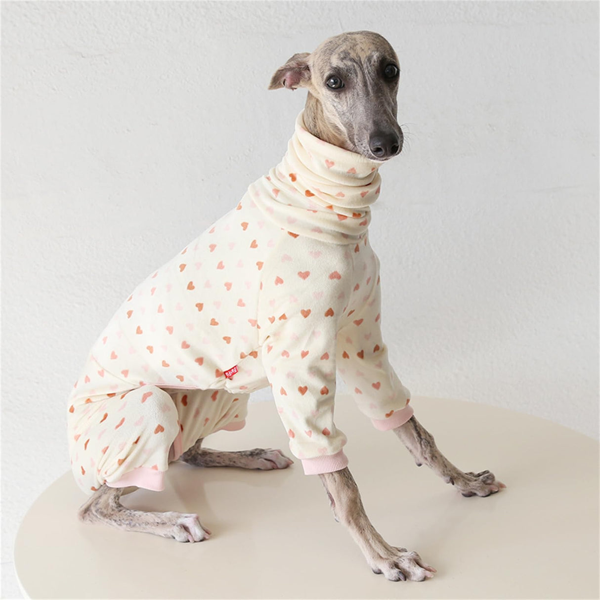 HDKUW Italian Greyhound Sweater, Turtleneck Dogs Outfit Fleece Onesie Clothes,Warm Plush Winter Dog Christmas Pajamas for Afghan Hound Whippet Borzoi Saluki Yellow Pink Heart M