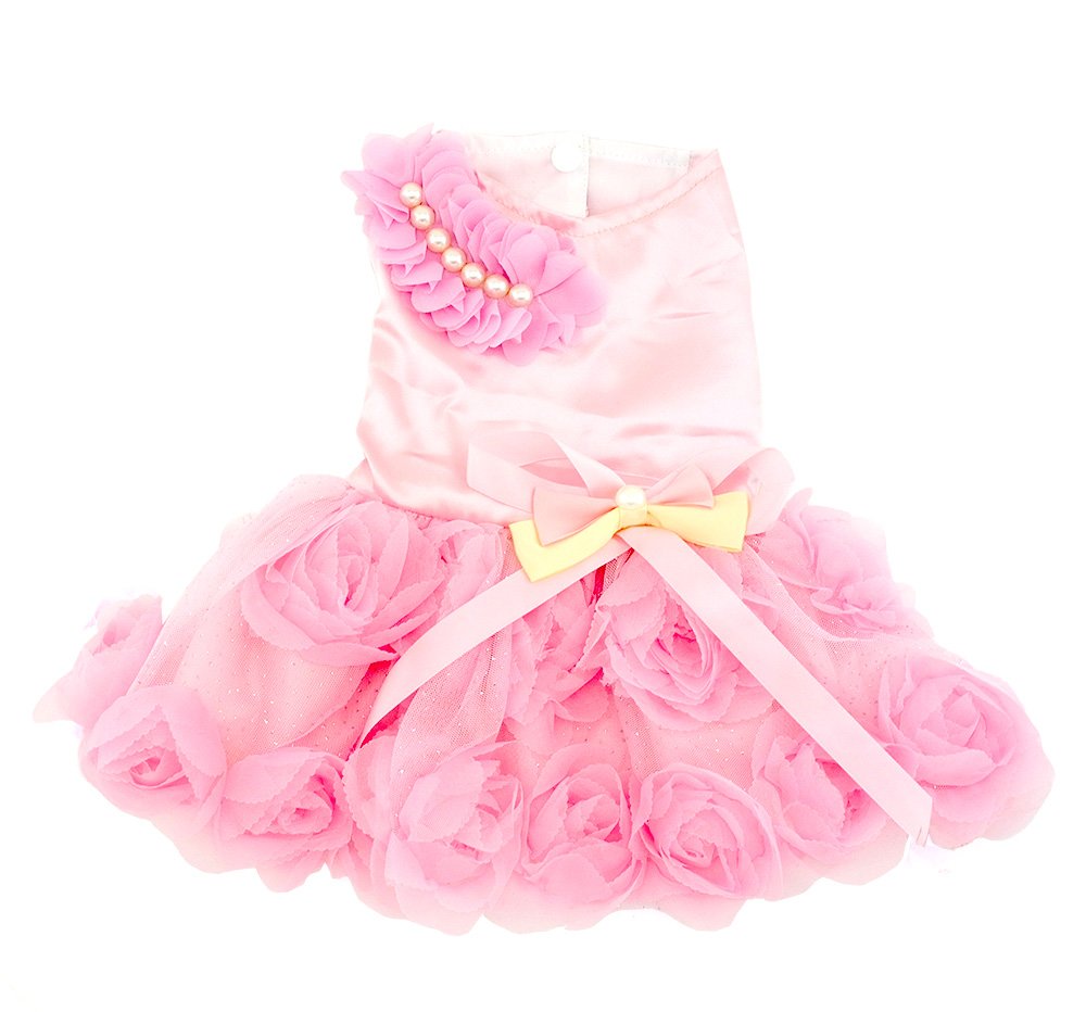 SMALLLEE_Lucky_Store Pet Small Dog Wedding Dress with Bowknot Birthday Party Costume Satin Rose Pearls Girl Formal Dress Cat Tutu Pink, Medium