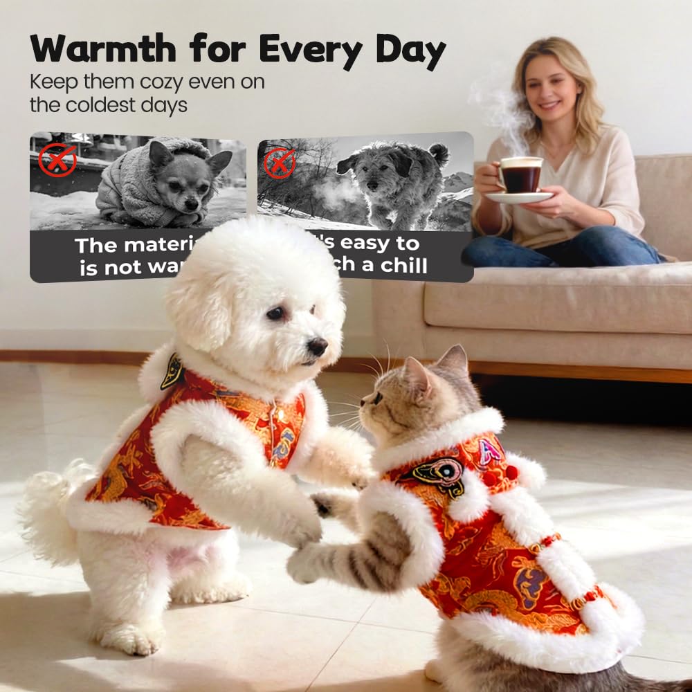 Cute Dance Lion Pet Costume with Red Sequins New Year Cat Dog Clothes Hoodies Coat Chinese Lion Dance Dog Costume, Spring Festival Pet Outfit (X-Small)