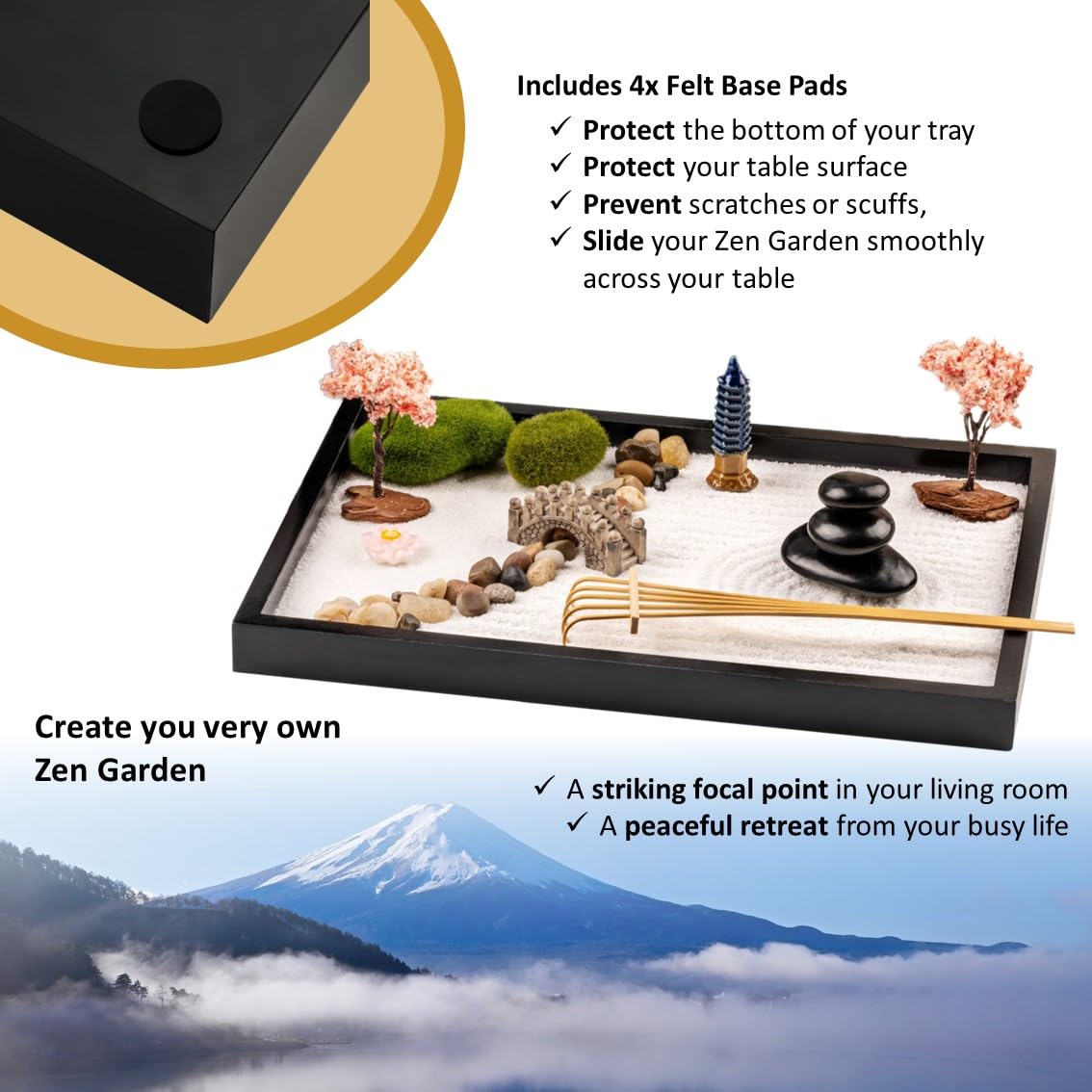 Island Falls Home Zen Garden Kit 11x8in. Beautiful Japanese Decor Mini Rock Feature Gift Set for Home, Office Desk. Zen Sand Garden, 6 Tools, 15 Accessories. Sand Tray Therapy Desktop Meditation Room