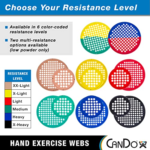 CanDo Hand Exercise Webs for Physical Therapy, Grip Strengthening, and Hand, Finger, Wrist Resistance Workouts, Portable Size, Low Powder, 14" Diameter, Multi-Resistance: Light/Heavy