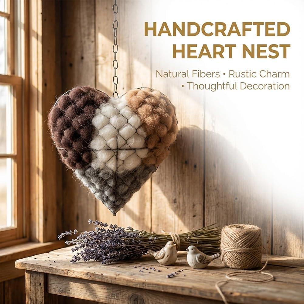 Handmade Alpaca Fiber Bird Nest Heart - Natural Nesting Material, Winter Nesting Material for Wild Birds and Hummingbirds | Garden Decoration, a Gift for Bird Lovers.