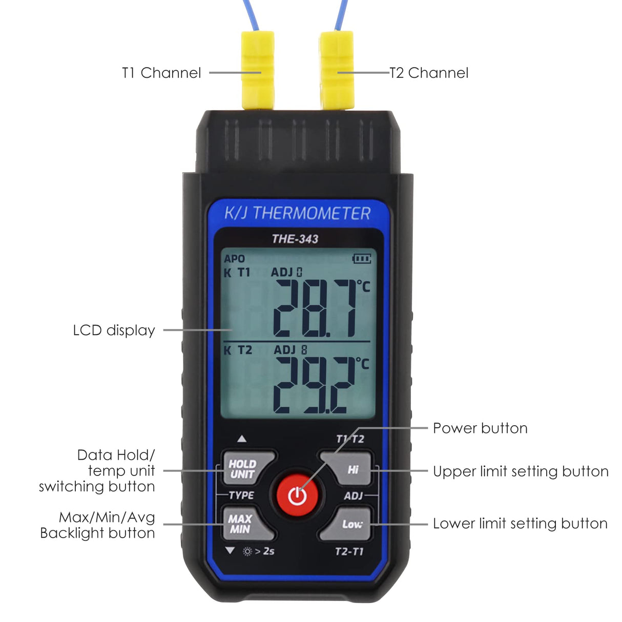 Thermocouple Thermometer Digital K Type Thermometer with 4 Thermocouples, -328~2500℉ Measuring Range HVAC Thermometer Dual Channels Temperature Meter Gauge with LED Backlight & ADJ Compensation