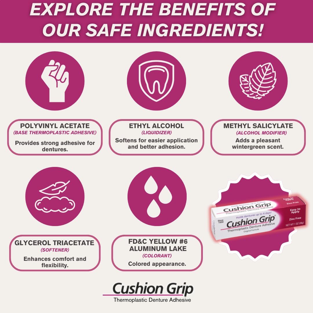 Cushion Grip Thermoplastic Denture Adhesive, 1 oz - Refits and Tightens Loose and Uncomfortable Dentures | Non-Glue Adhesive, Acts Like a Soft Reliner (Pack of 2)