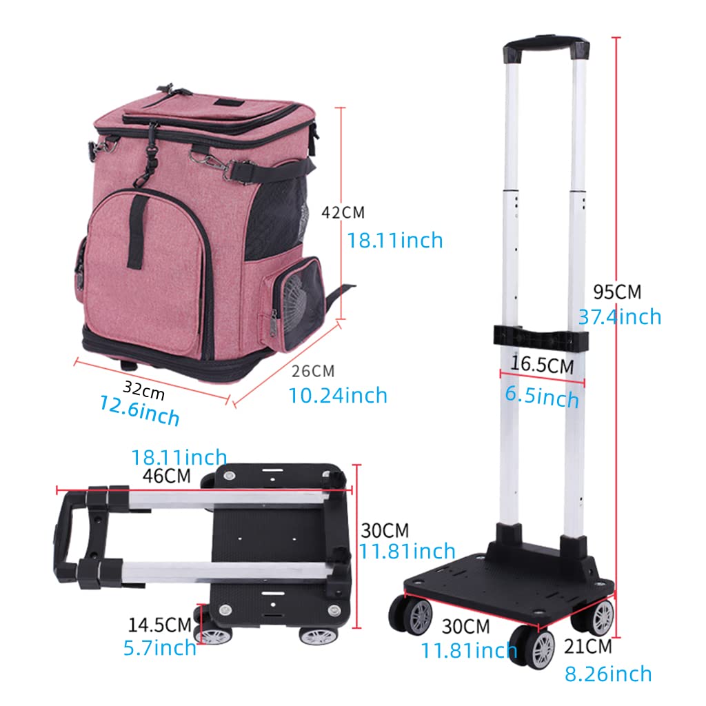 Falytemow Cat Carrier Backpack with Wheels Puppy Carrying Bag with Breathable Mesh and Fan Collapsible Pet Cages on Rolling Trolley with Removable Base and Telescopic Handle for Small Pets Under 18lb