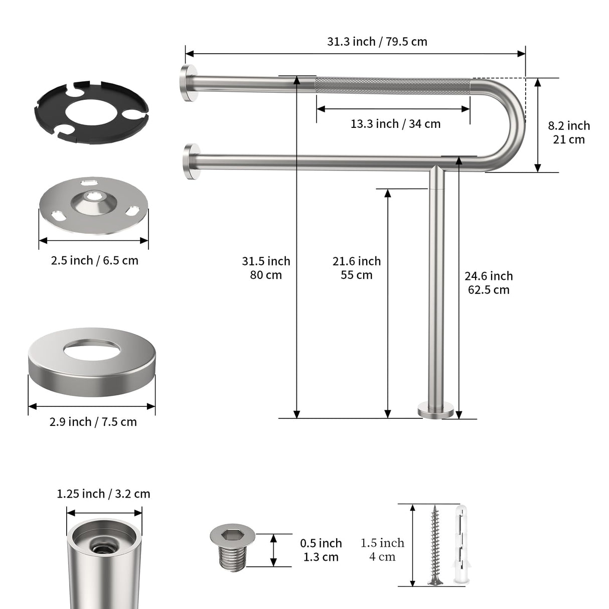 Toilet Grab Bar 31.3 Inch, YuanDe Wall to Floor Brushed Nickel Bathroom Safety Bar w/Anti-Slip Knurled Grip, Stainless Steel Handicap Grab Bar with Leg,Support Bar for Disabled Elderly Pregnant