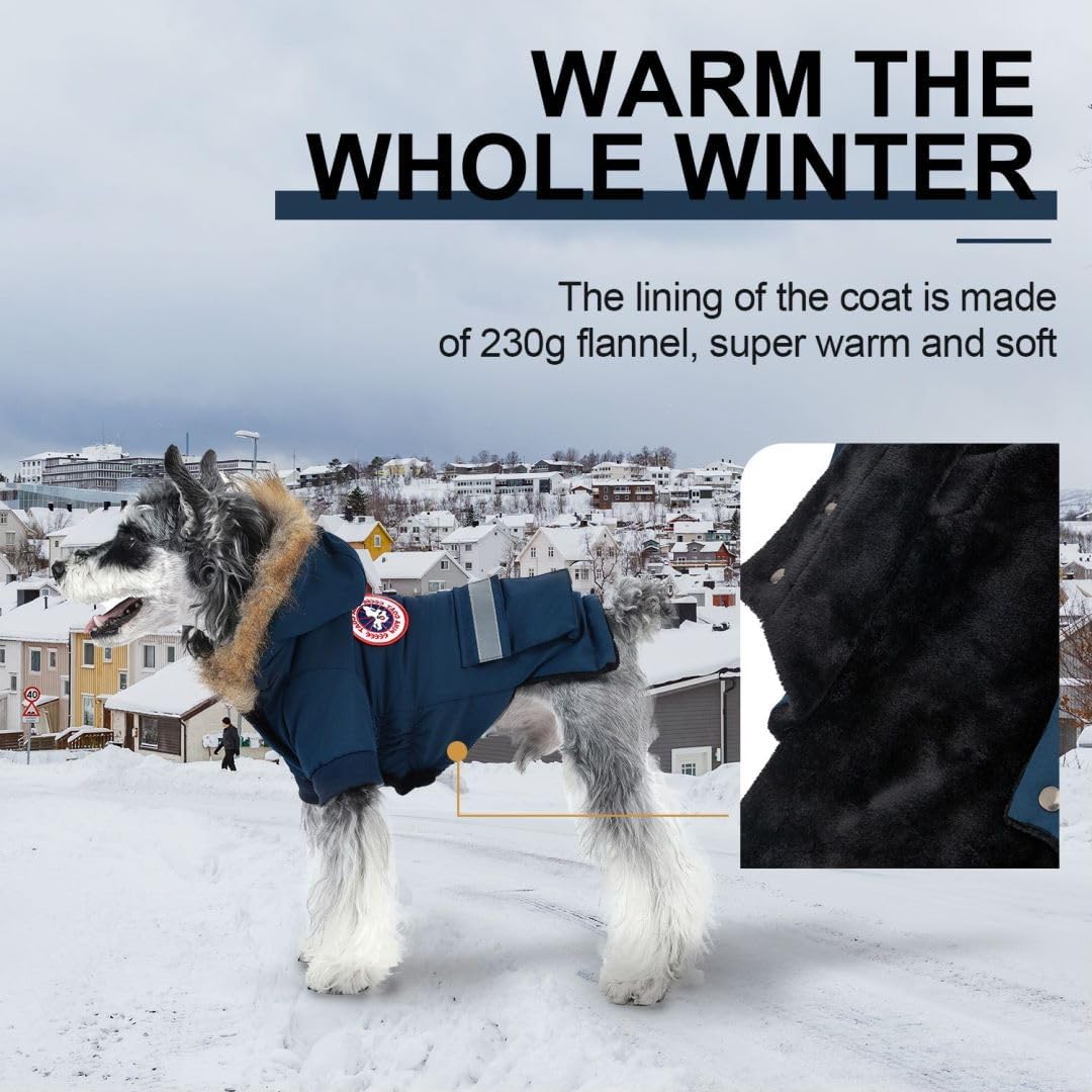 PINA Small Dog Coats - Waterproof, Warm Winter Jacket with Faux Fur Hood, Reflective, Flannel Lined, Windproof, Pocket