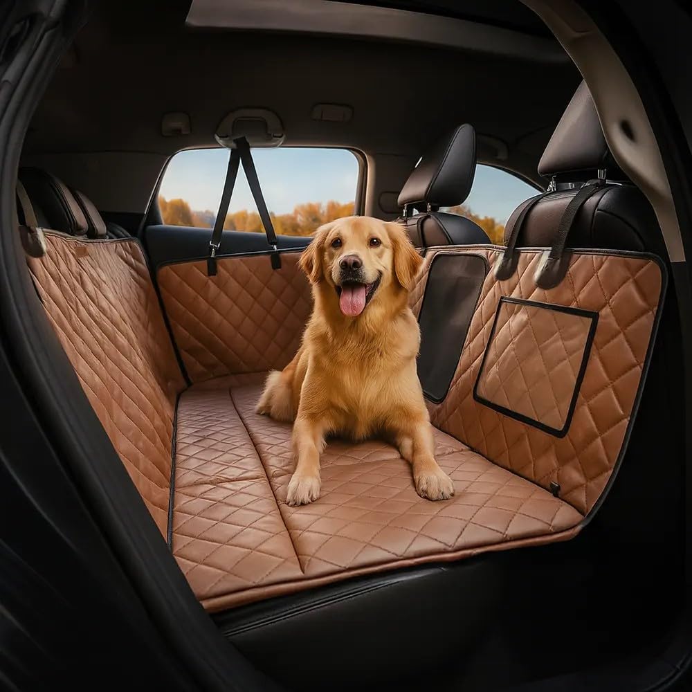 FUNNY FUZZY Dog Car Seat Cover, Back Seat Extender for Dogs - 420Lb Hard Bottom Waterproof Pet Car Seat Cover, 600D Heavy Duty Pet Hammock with Non-Slip Bottom for Cars, SUV, Trucks