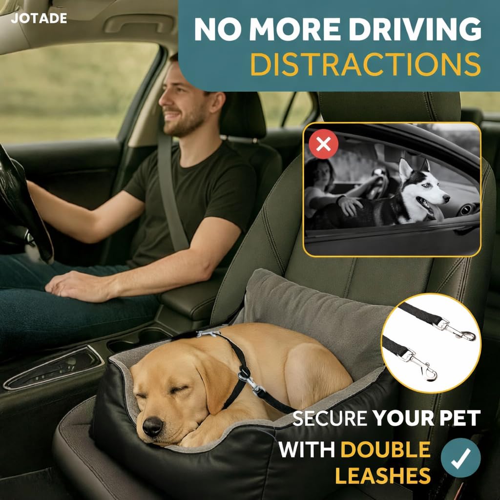 JOTADE Dog Car Seat for Small & Medium Dogs β Washable & Reversible Pet Travel Booster Seat, Double Safety Leashes, Anti-Slip Design, Extra Cushion Cover, Easy Install Puppy Car seat up to 35 lbs