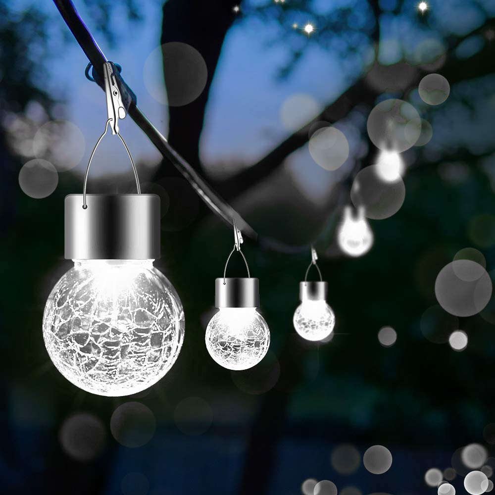 PARTPHONER 12 Pack Hanging Solar Lights Outdoor, Waterproof Solar Globe Lantern with Handle and Clip, Decorative Cracked Glass Ball Lights for Christmas Decor, Tree, Yard, Garden, Patio (Cold White)
