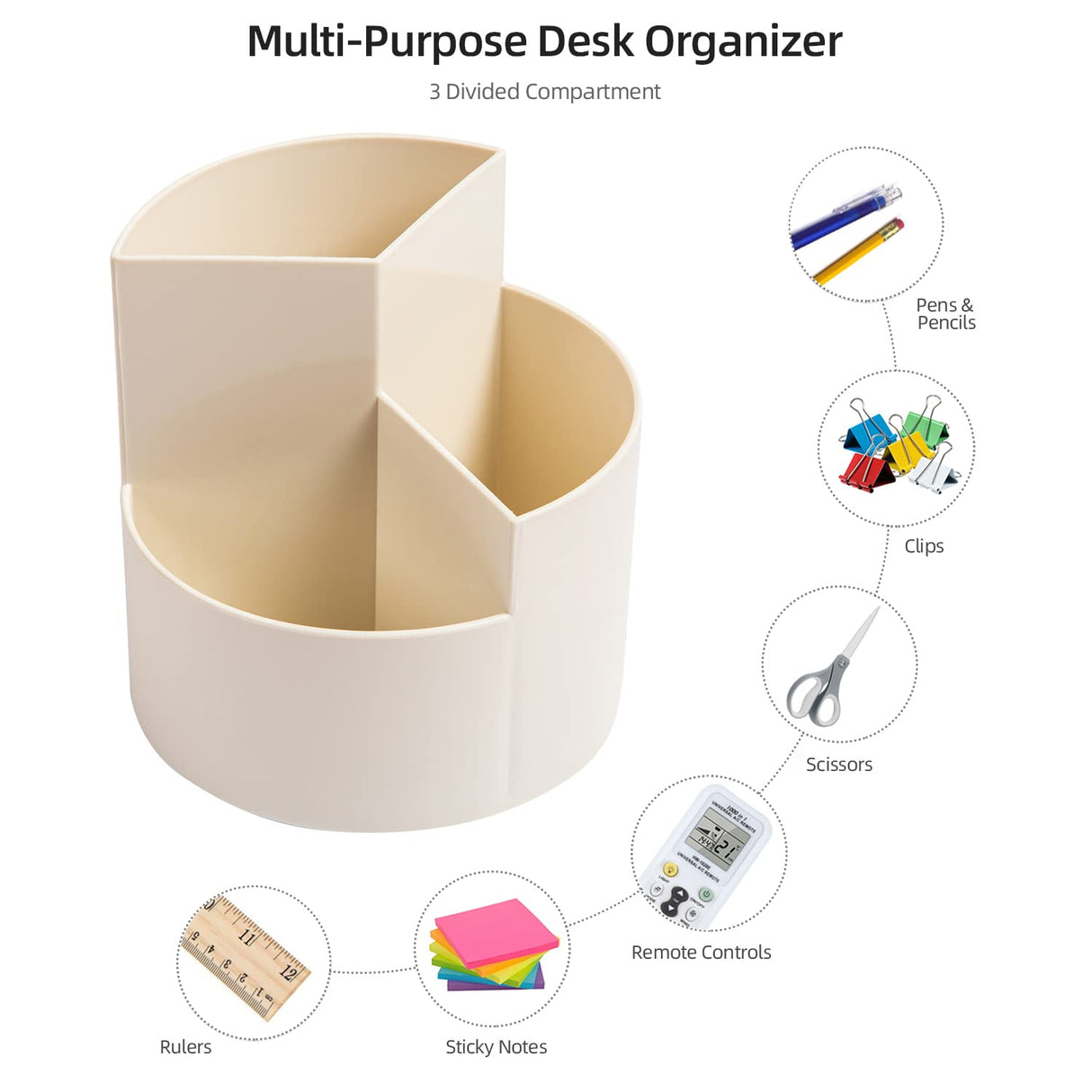 Desk Pencil Pen Holder, 3 Slots 360-Degree Spinning Organizers, Desktop Storage Stationery Supplies, Cute Cup Pot for Office, School, Art Supply, Kids - White