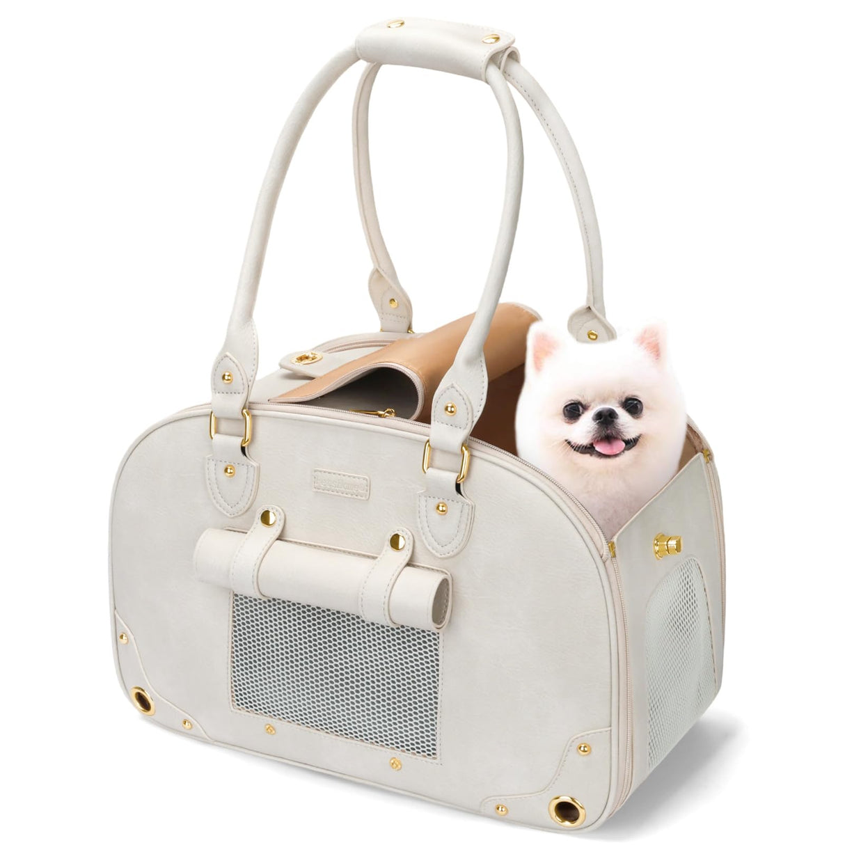 PetsHome Dog Carrier Purse, Pet Carrier, Waterproof Premium Leather Pet Travel Portable Bag for Cat and Small Dog Home & Outdoor Medium Beige