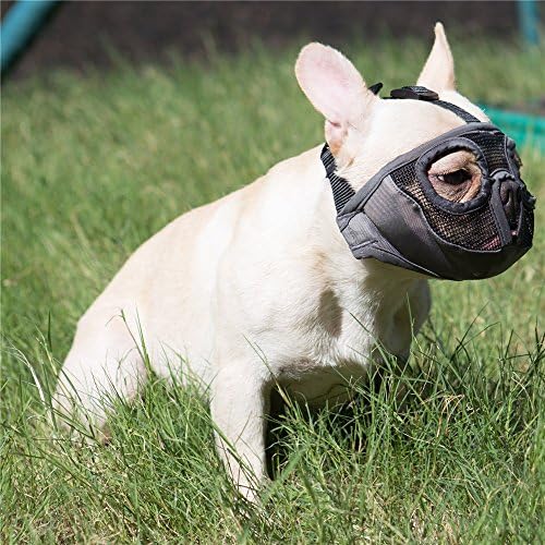 Short Snout Dog Muzzle- Adjustable Breathable Mesh Bulldog Muzzle for Biting Chewing Licking Grooming Dog Mask,Grey(Eyehole) S