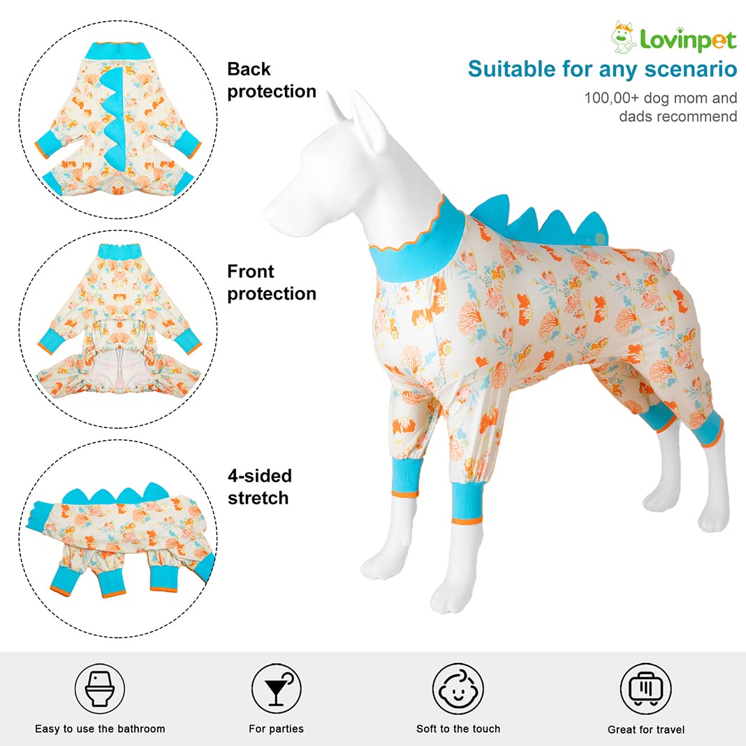LovinPet Big Dog Jammies, Large Dog Pajamas, Anti Licking Shirt Lightweight Coral Peach Print, UV Protection Shirt, Easy to Wear Adorable Dog Onesie,Blue, Medium