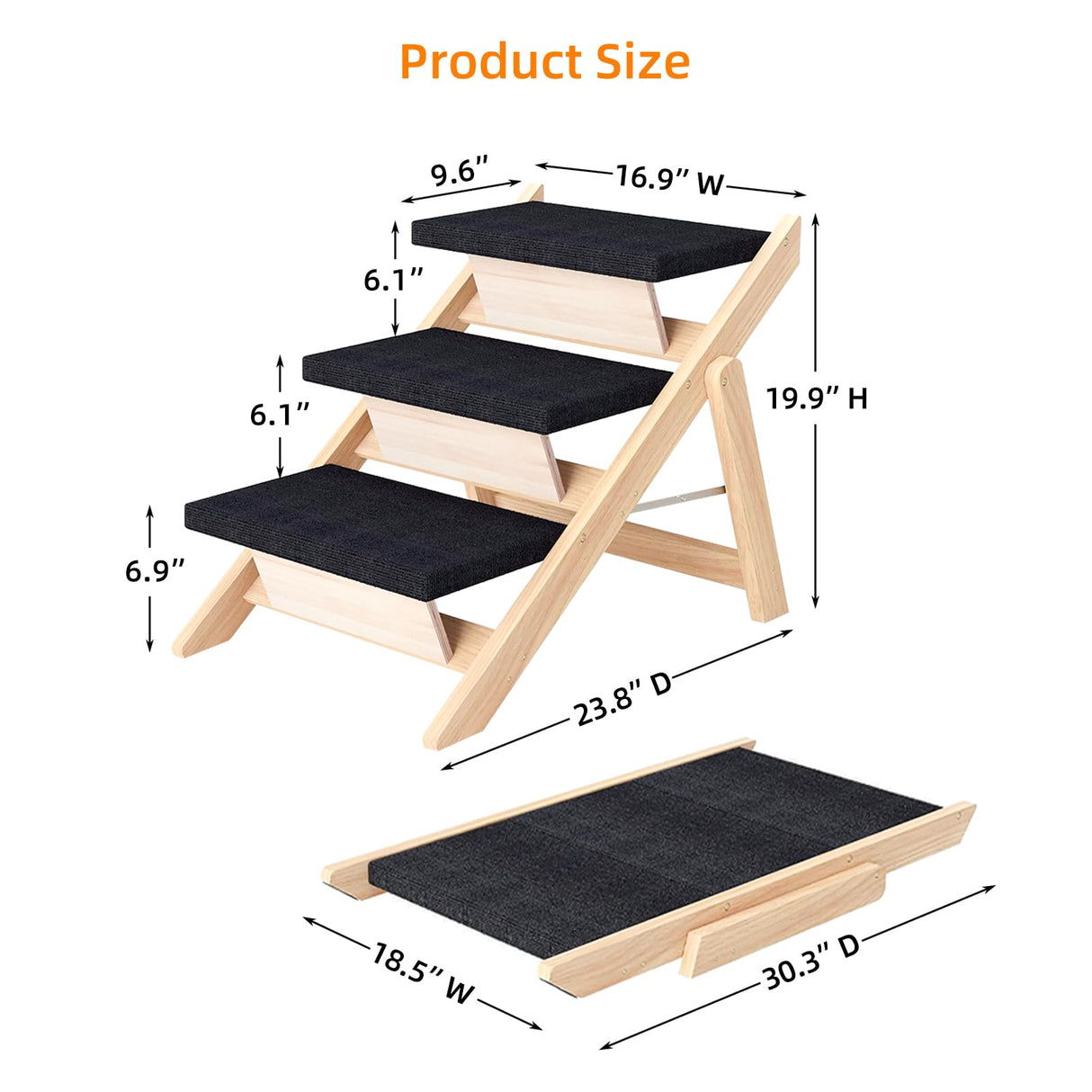 Dog Stairs/Ramp for Bed, Wooden 2-in-1 Foldable Pet Stairs & Ramp, Portable Dog Ladder Up to 180 Pound for Elderly/Short-Legged Dogs, 3 Steps for Beds, Couch, Cars