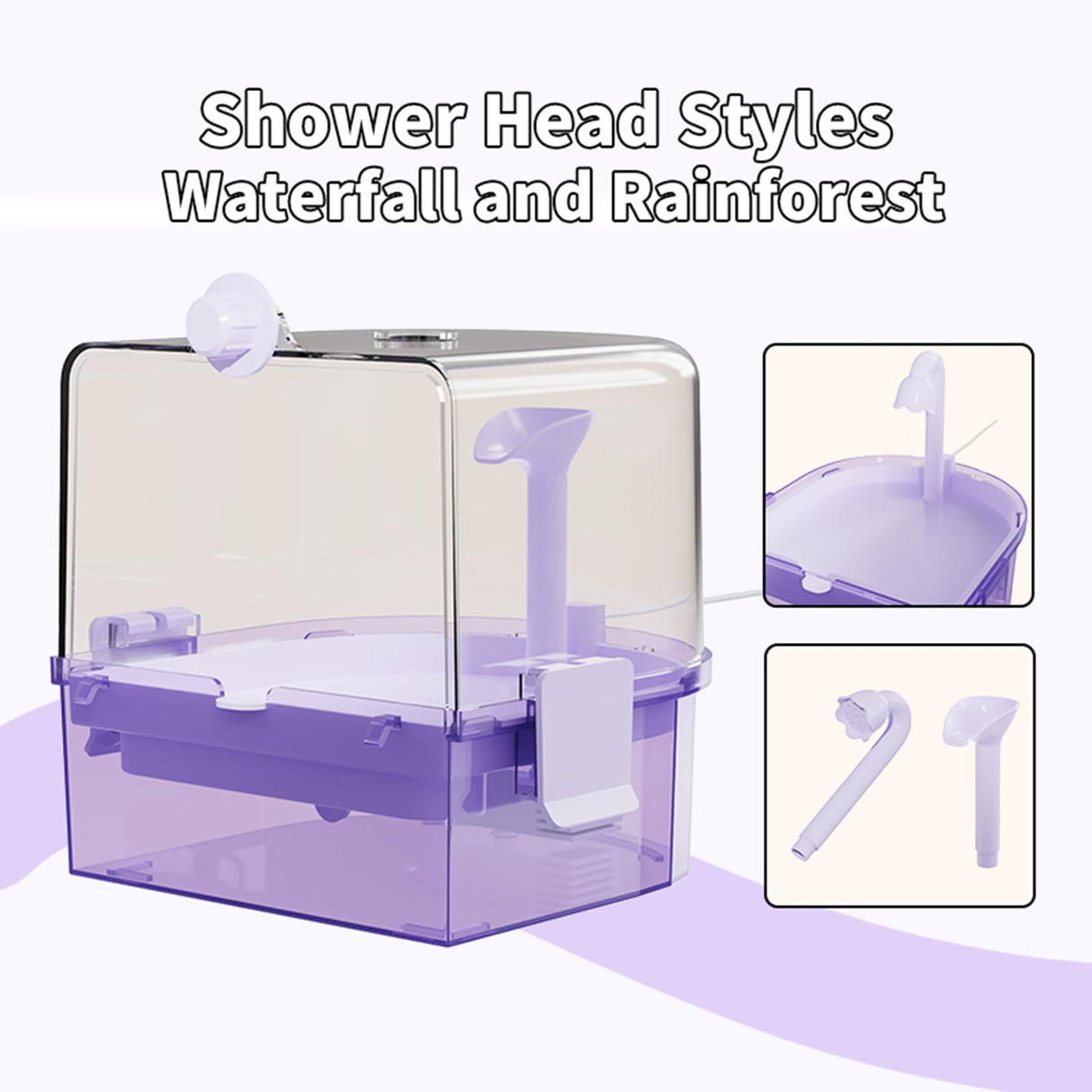 YOOSO WING Automatic Bird Baths for Cage – Indoor Parakeet Bath with Pump, Bird Shower with 2 Modes Running Water, Bird Cage Accessory for Pet Birds Conure Budgies Cockatiels Lovebird (Purple)
