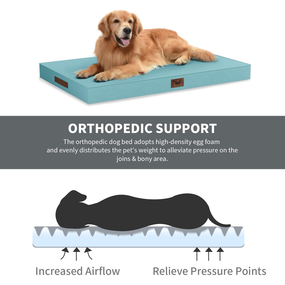 Tail Stories Outdoor Large Washable Dog Bed, Orthopedic Egg Crate Foam Dog Crate Mat for Large Dogs with Removable Oxford Cooling Cover, Light Blue