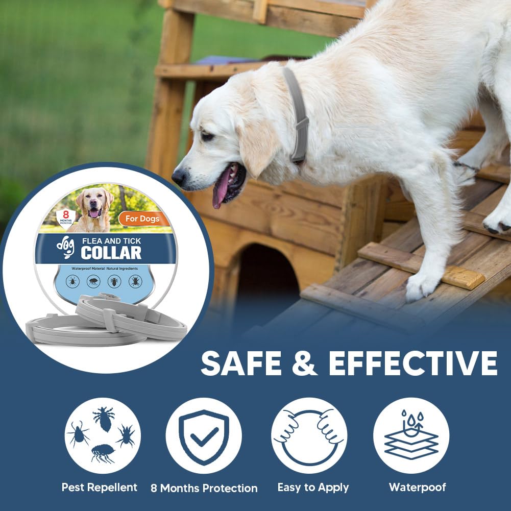 UDyoude Flea Collars for Dogs, Tick Collar for Large Dogs, Adjustable Dog Flea Collar with 8 Months Prevention, Comfort Fit for Large Dog-2 Pcs