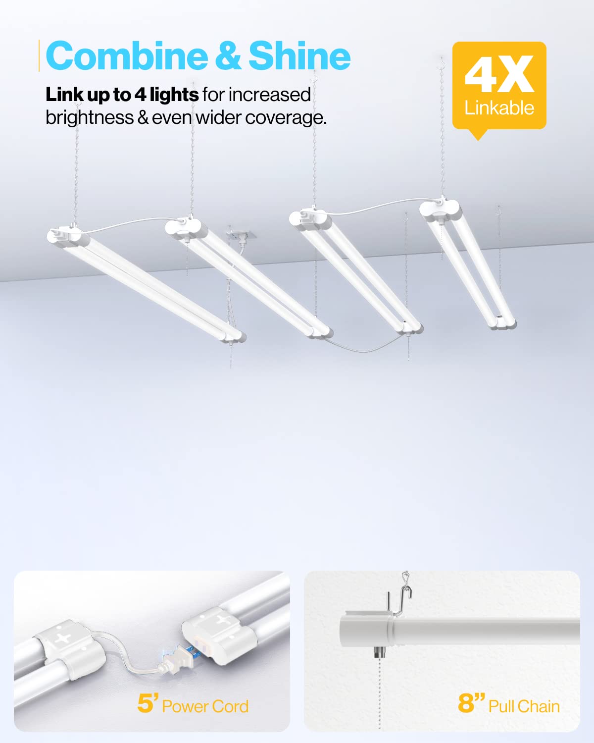 Sunco 12 Pack LED White Hanging Workshop Garage Shop Light 4FT, Plug in Linkable Utility Fixture, 6000K Daylight Deluxe, 40W=260W, 4100 LM, Integrated T8, Pull Chain - ETL