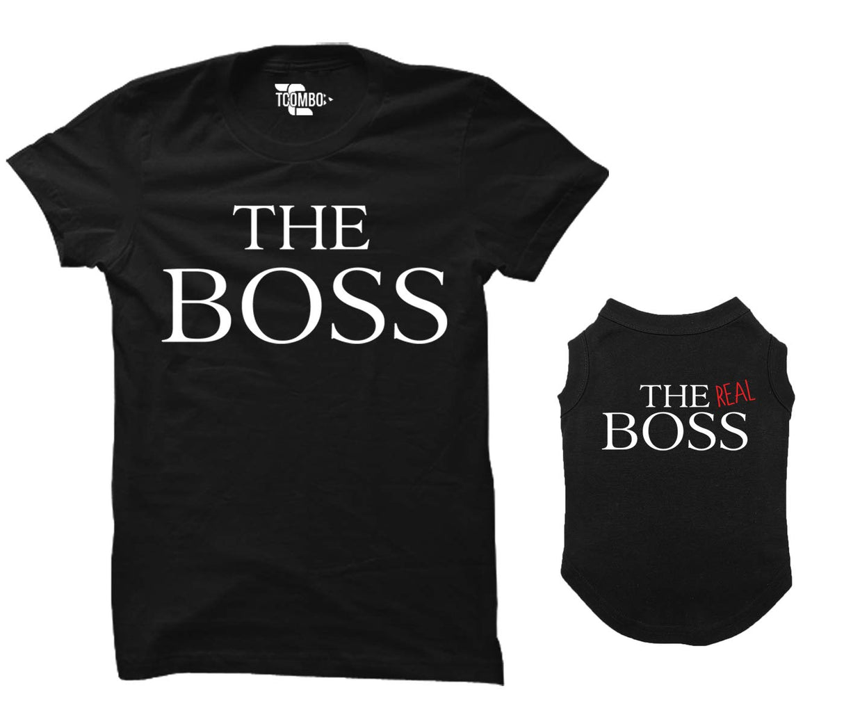 Tcombo The Boss/The Real Boss Matching Dog Shirt & Women's T-Shirt (Black, Large Womens/X-Small Dog)