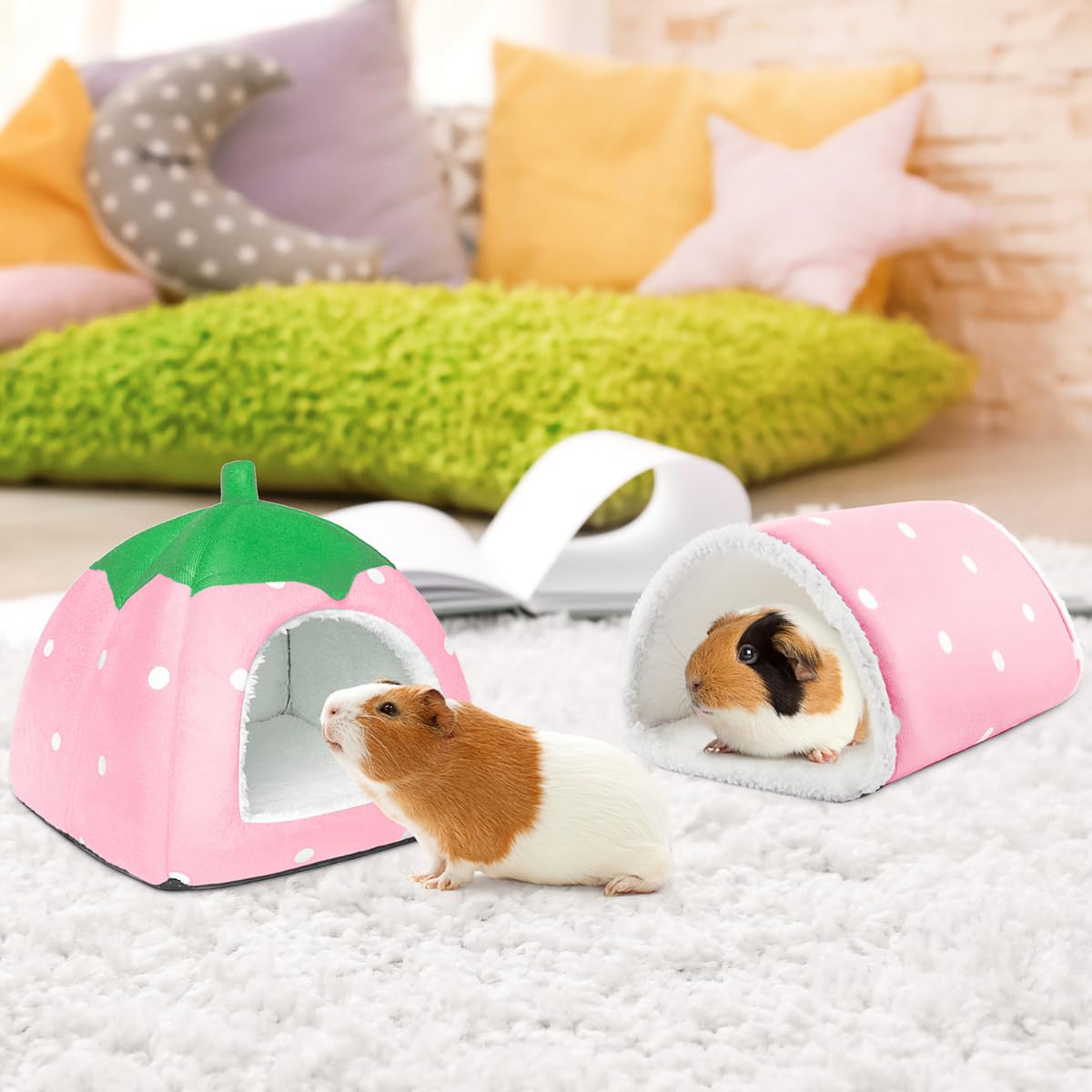 TiereCare Guinea Pig Hideout with Tunnel, Washable Chinchilla House Bed, Fleece Hideaway, Enrichment Toys, and Cage Accessories for Ferret Hedgehog Small Animal