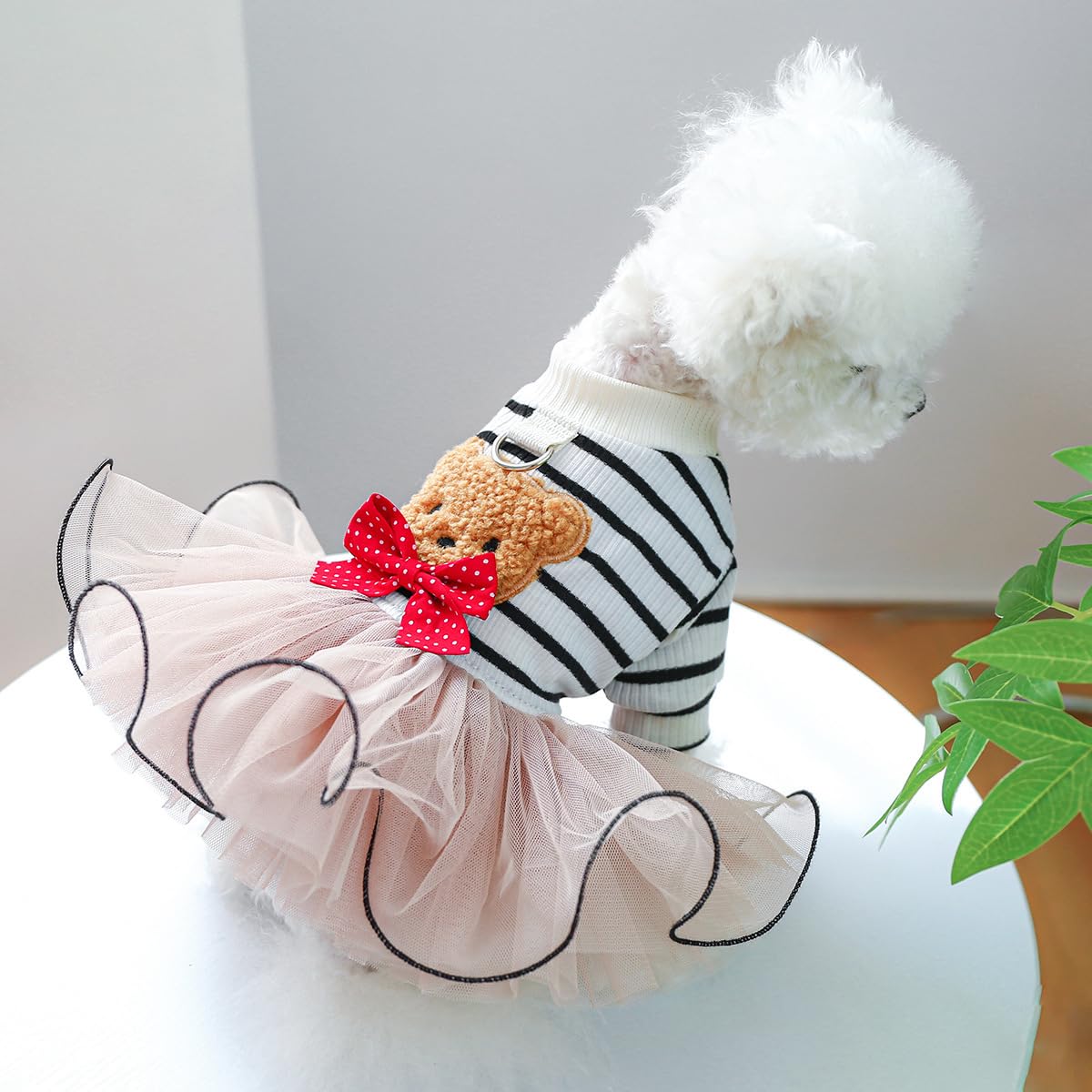 Dog Dress Tutu Skirt Bear Pattern Puppy Princess Striped Dress Elegant Small Girl Dog Clothes Bowknot Small Dog Dresses Cat Apparel Summer Dog Clothes Comfortable Breathable Outfits
