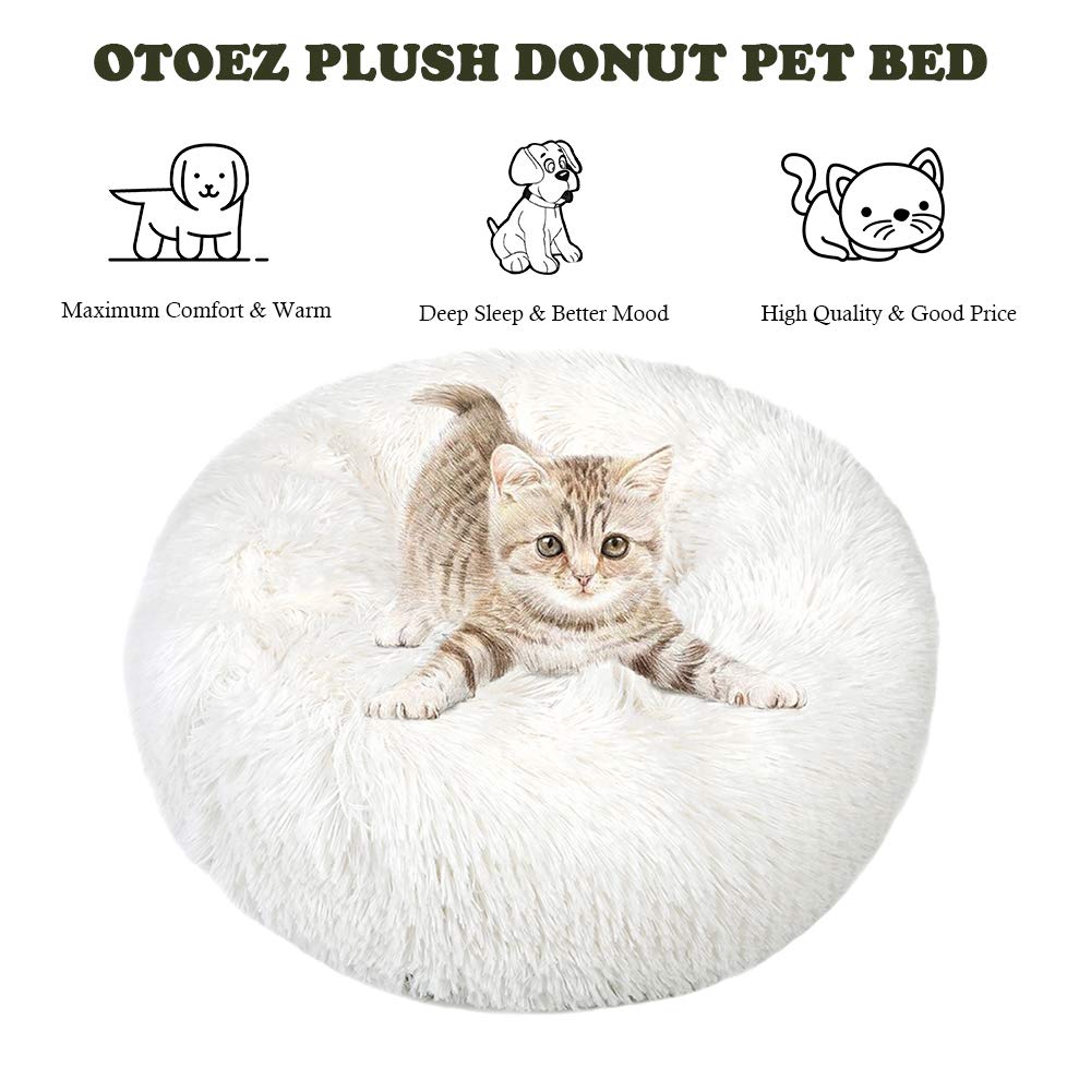 otoez Kitten Puppy Bed Extra Small XS Round Dog Cat Beds Anti Anxiety Plush Pet Calming Donut Bed with Non-Slip Waterproof Bottom, Washable (15.7", White)