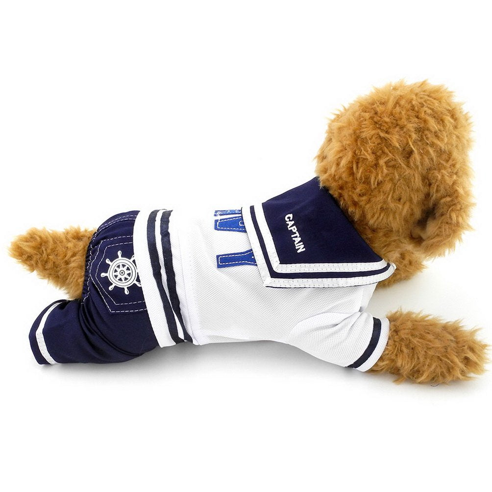 SELMAI Boy Navy Captain Costume Jumpsuit Seaman Outfits for Small Dog Cat Puppy Tee Shirts with Pants Chihuahua Clothes M