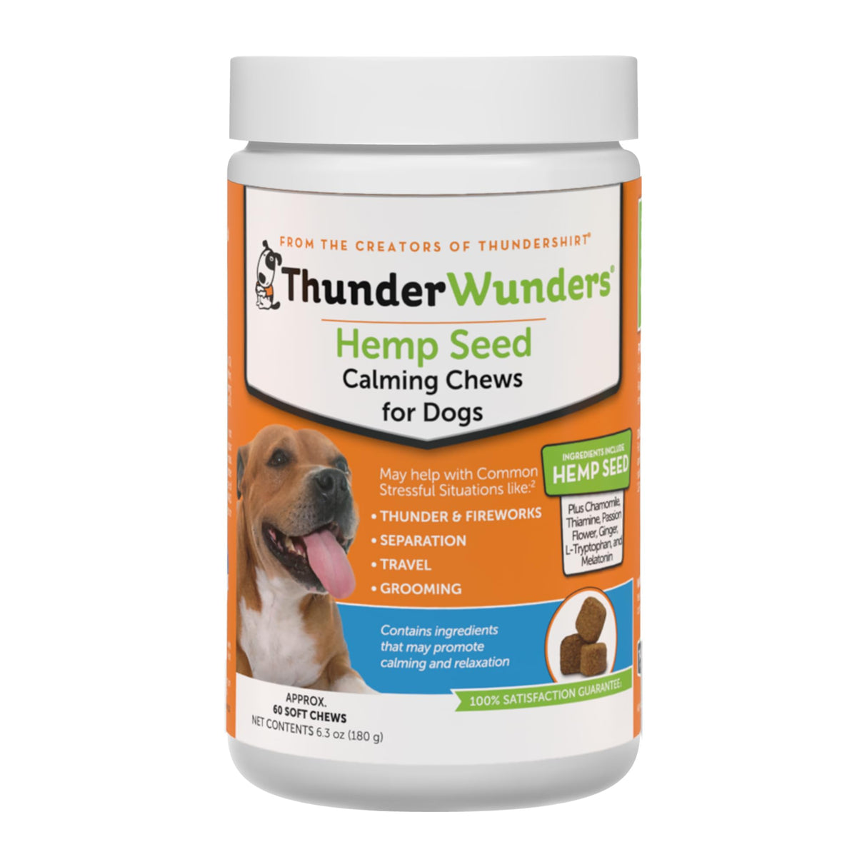 ThunderWunders Hemp Dog Calming Chews | Vet Recommended for Situational Anxiety | Fireworks, Thunderstorms, Travel & More | Made with Hemp Seed, Thiamine, L-Tryptophan, Melatonin & Ginger (60 Count)