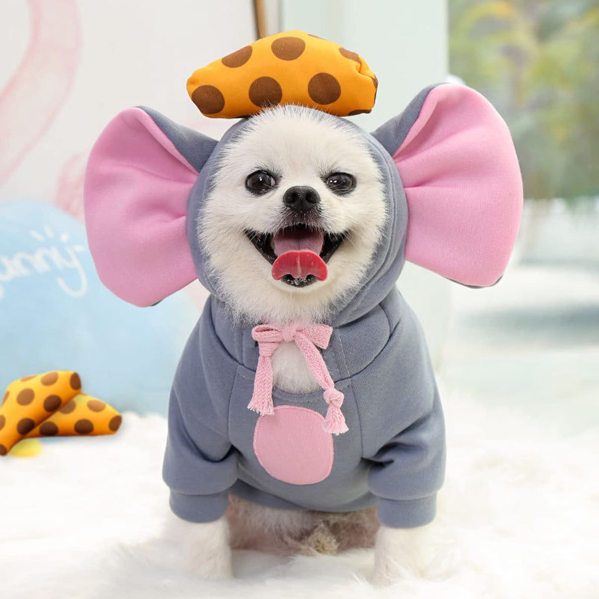 SEIS Winter Big Ear Mouse Dog Hoodies Cute Cheese Warm Pet Costume Halloween Cat Clothes for Small Medium Dogs Puppy French Bulldog Chihuahua (Gray, L (Chest Circumference 59cm/ 23.2"))