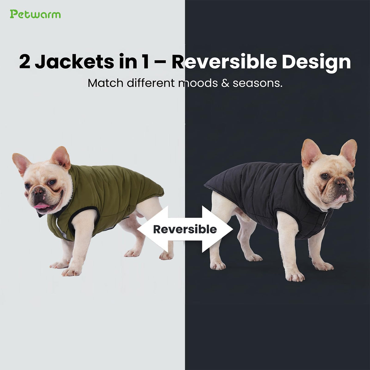 PetWarm Reversible Dog Winter Coat, Windproof Dog Puffer Vest, Soft Vest for Dogs with Hook-and-Loop Strap for Easy Dressing, Waterproof Coat for Dogs with Adjustable Fit, Green, 2XL