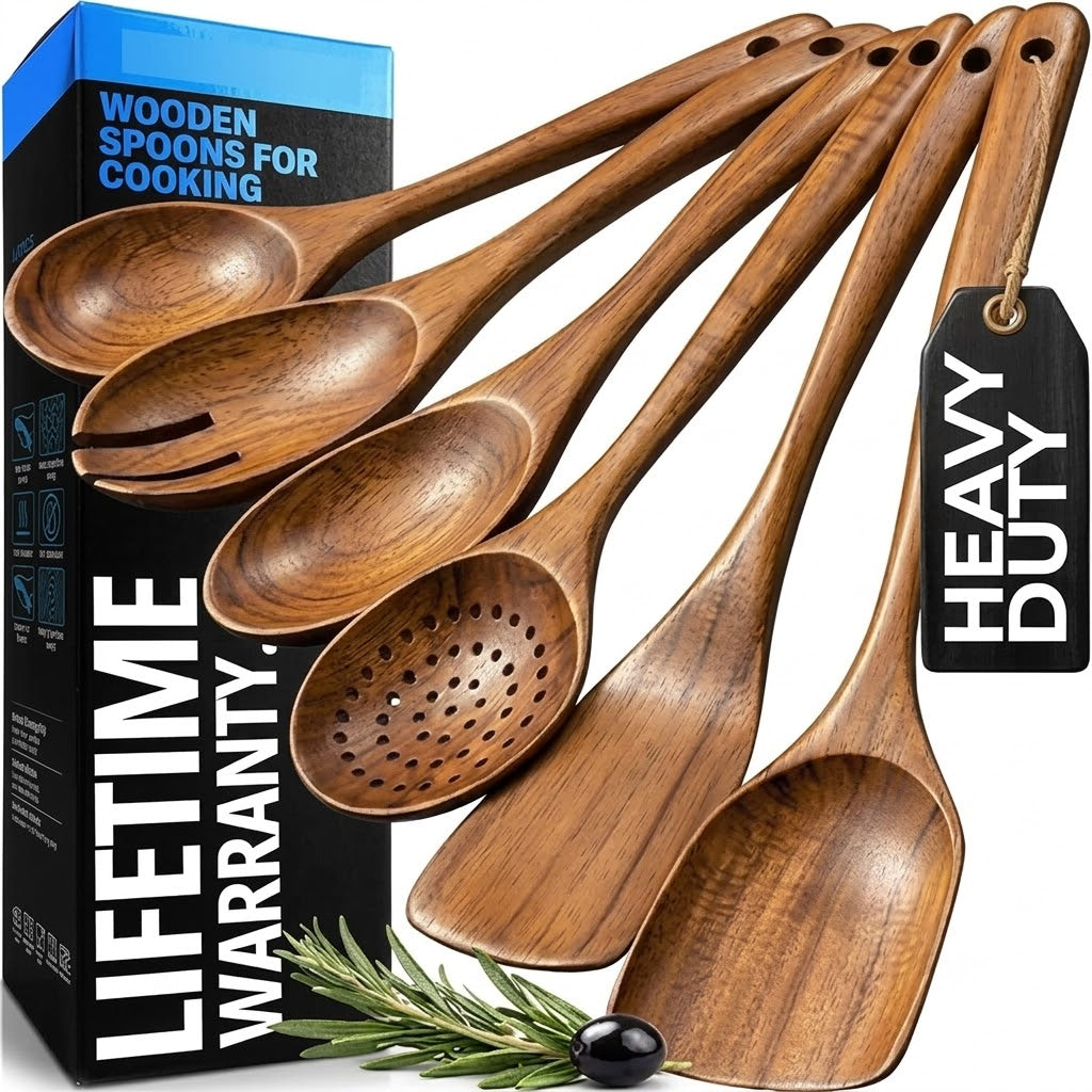 6 Piece Wooden Spoons for Cooking – Natural Teak Wooden Utensil Set, Easy to Clean, Durable, Smooth with Comfort Grip - Non Toxic Wooden Cooking Utensil Sets