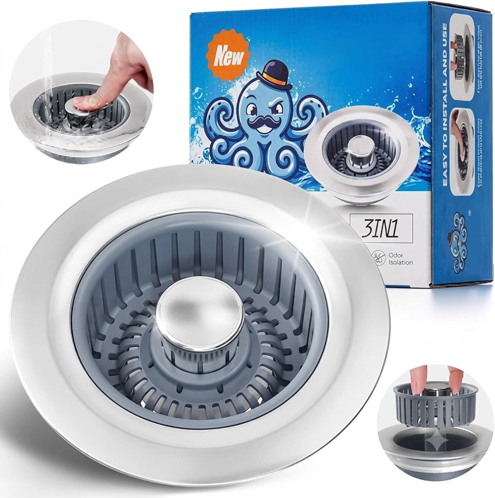 Sink Drain Strainer - Sink Stopper Kitchen Drain, 3 in 1 Kitchen Sink Drain Strainer with Anti-Clogging Basket, Kitchen Gadgets Clearance Sink Accessories, Fit US Standard 3-1/2'' Sink Hole, Silver