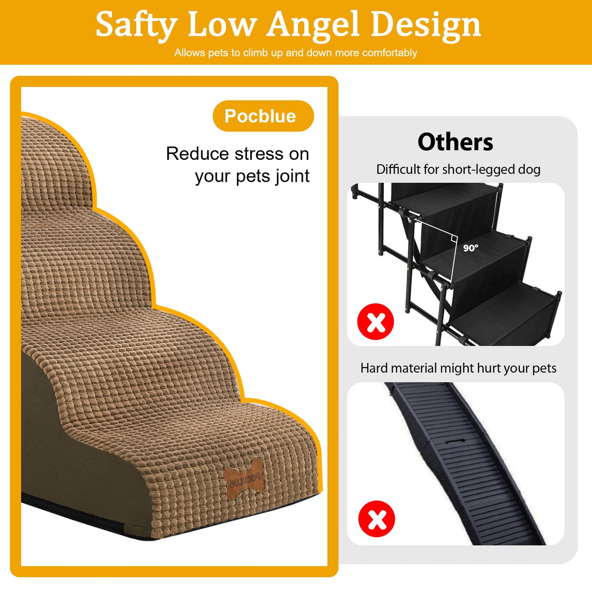 Dog Stairs for Small Dogs, Wide Pet Step with Removable Cover, No Assembly High Density Foam Cat Ramp for Bed or Sofa, 4-Step, Light Brown