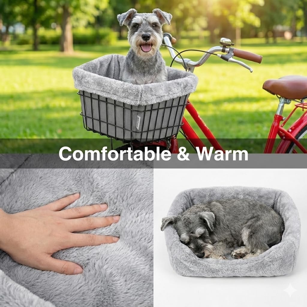 ANZOME Dog Bike Basket Liner (Liner Only), Soft Sherpa Padded Cover for Wire Bicycle Baskets, Warm Winter Pet Carrier Insert Bed with Durable Canvas & Elastic Fit (Grey)