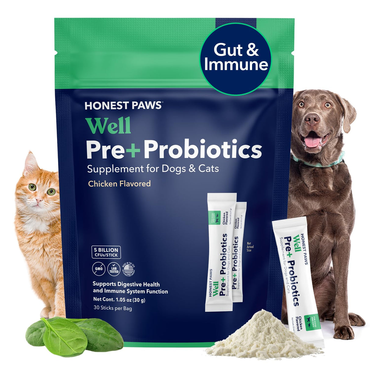 Honest Paws Probiotics for Dogs - Digestive & Immune Support Powder with Prebiotic Made in The USA, Chicken Flavor (30 Sticks)
