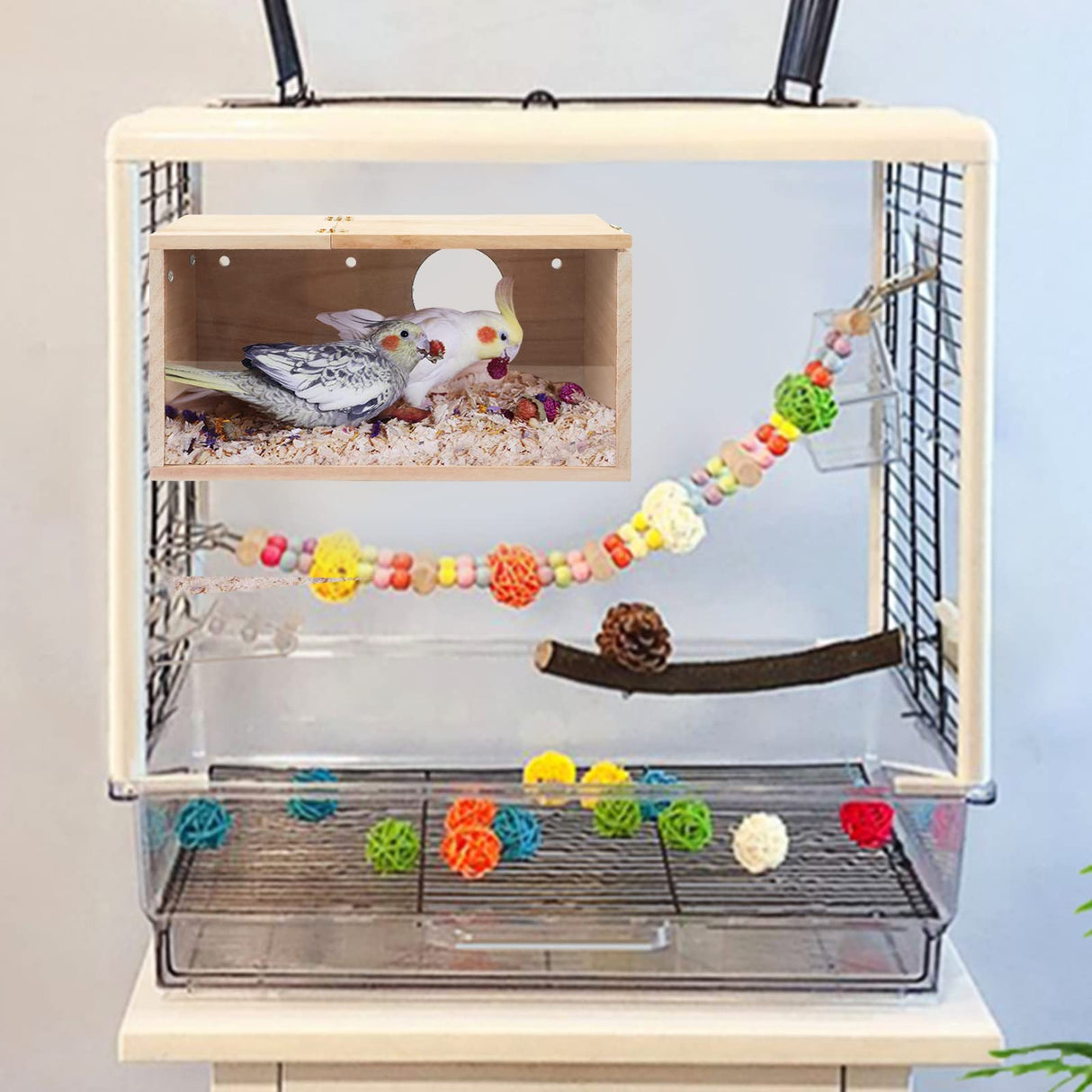 Rypet Parakeet Nesting Box Transparent Design, Thwartwise Bird Nest Breeding Box with Perch Wood Bird Cage House for Cockatiel Lovebirds Budgie Finch Parrotlets Canary M