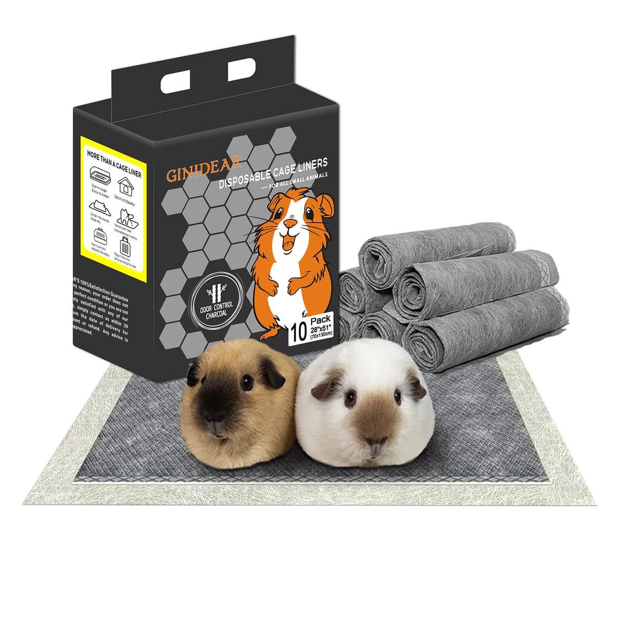 GINIDEAR Guinea Pig Bedding, Disposable Guinea Pig Cage Liners, Charcoal Odor Controlling Absorbent Waterproof Pee Pads for Rabbits, Hamster and Other Small Animals. 24''x47''(for Midwest),10 Count