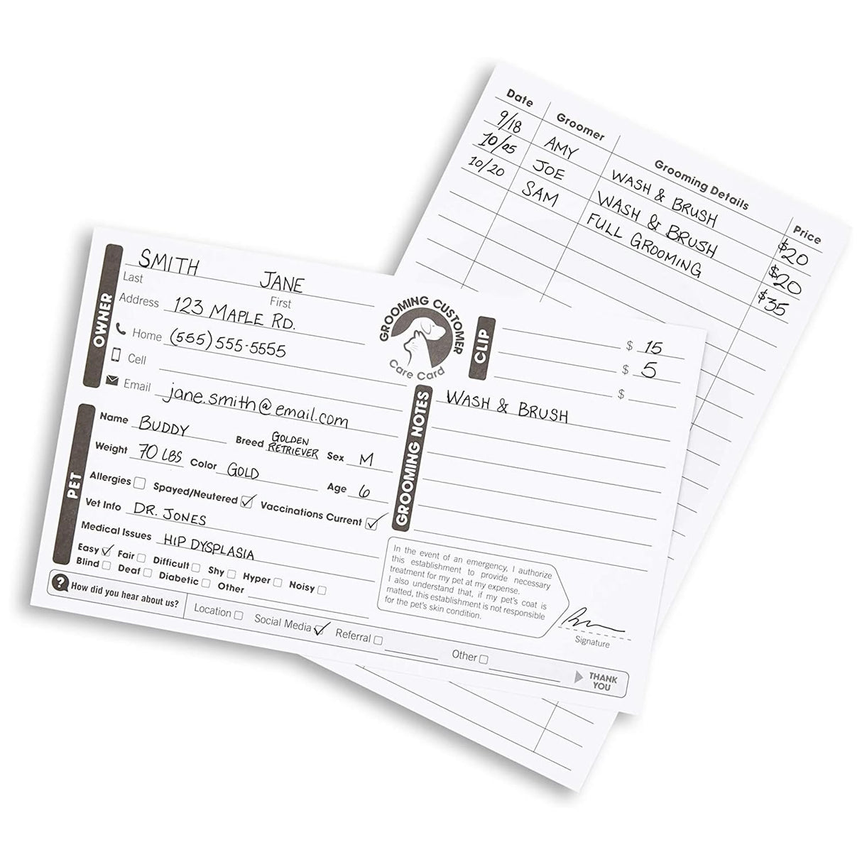Juvale Pet Grooming Cards - Double-Sided Dog Grooming Client Cards - Pack of 100, 8 x 5 in