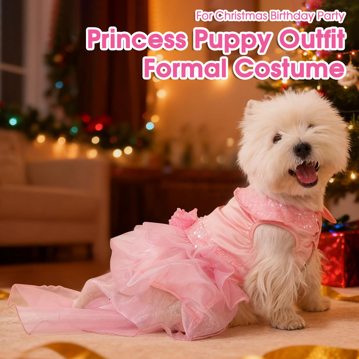 ASENKU Dog Dress, Dog Wedding Dress Skirt with Detachable Hemline, Princess Lace Puppy Christmas Birthday Party Outfit Formal Costume with Sequins Bow for Small Dogs (Pink, X-Small)