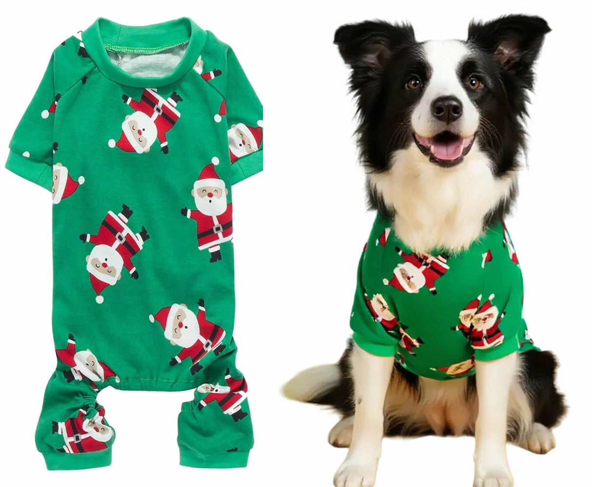 Lanyarco Santa Claus Xmas Cotton Dog Christmas Pajamas, Pet Dog Jammies Jumpshit PJS Christmas Pajamas for Dogs Large Dogs, Back 23" XLarge XL, Green