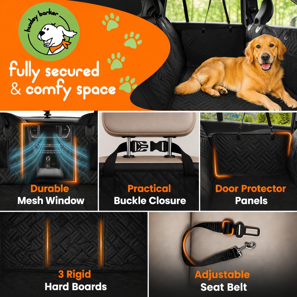 Huxley Barker Car Back Seat Extender for Dogs – 40% Extra Space, 600D Oxford Waterproof Dog Car Seat Cover with Hard-Bottom Bridge, Non-Slip Base, Mesh Window & Storage Pockets – Foldable Design