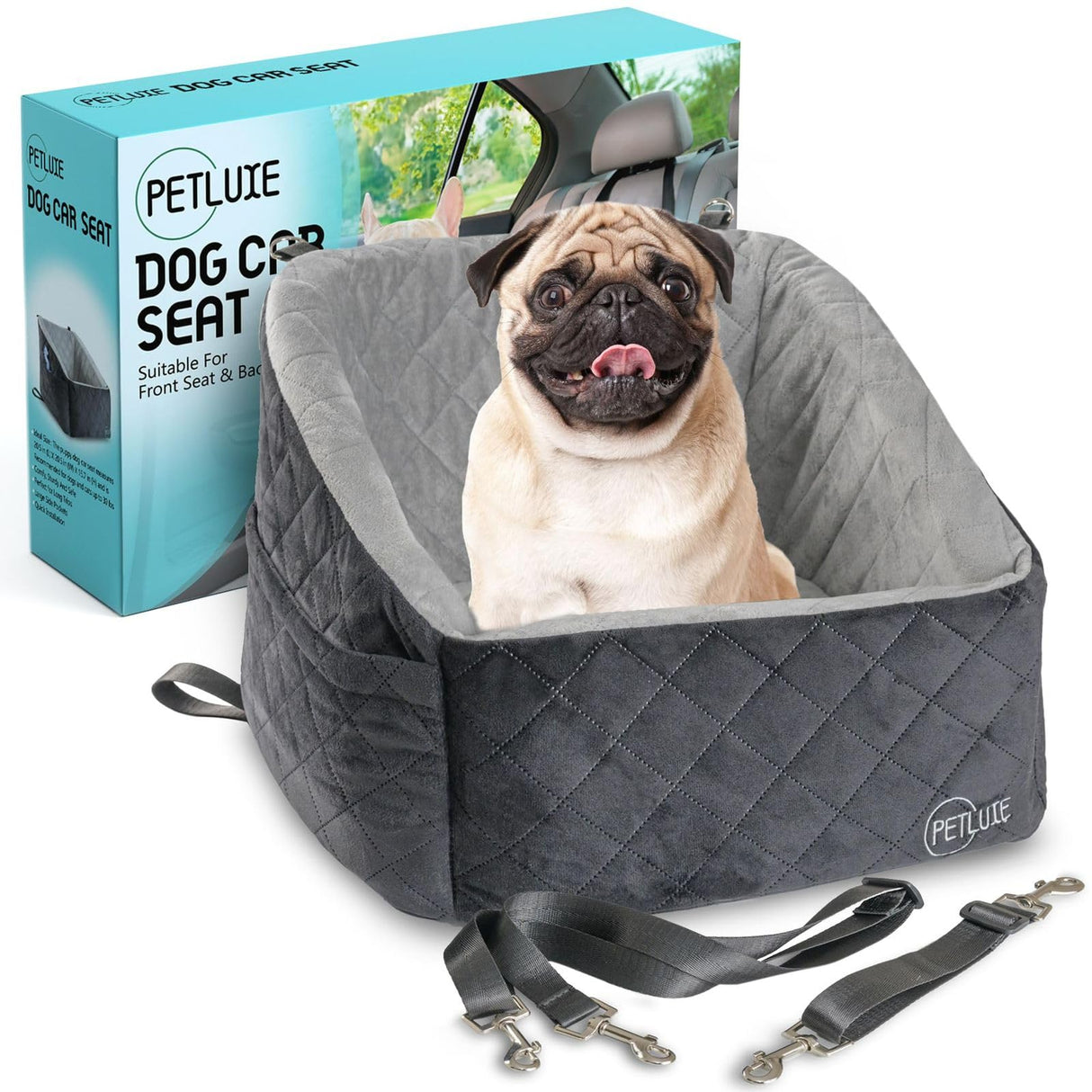 PETLUXE Dog Car Seat – Soft and Comfy Dog Booster Car Seat for Small, Medium Dogs Weighing Up to 30 lbs – Washable and Detachable Puppy Booster Seat with Strap and Pocket – Pet Travel Essential