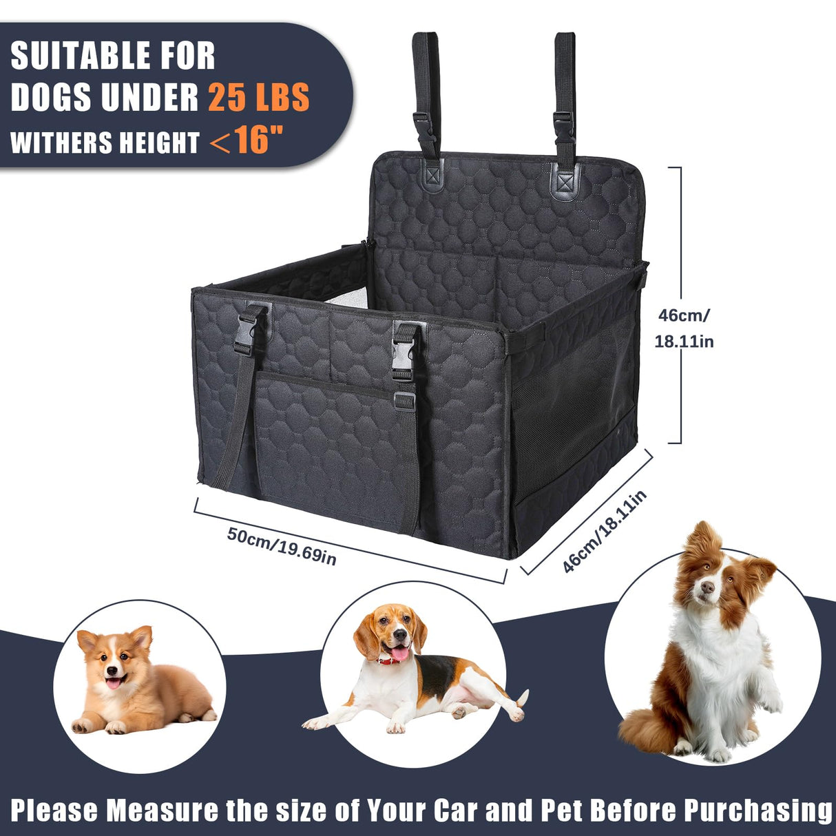 Dog Car Seat for Medium Small Dogs, Pet Car Seat with Adjustable Safety Belt & Storage Pockets, Breathable Waterproof Pet Car Seats Cover, Small Dog Seats for Dogs Under 30lbs (Medium, Black)